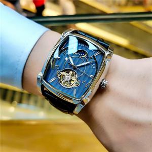 Tonneau Moon Phase 남성용 자동 시계 럭셔리 브랜드 뚜르비옹 스켈레톤 기계식 시계 가죽 벨트 빛나는 손 시계
