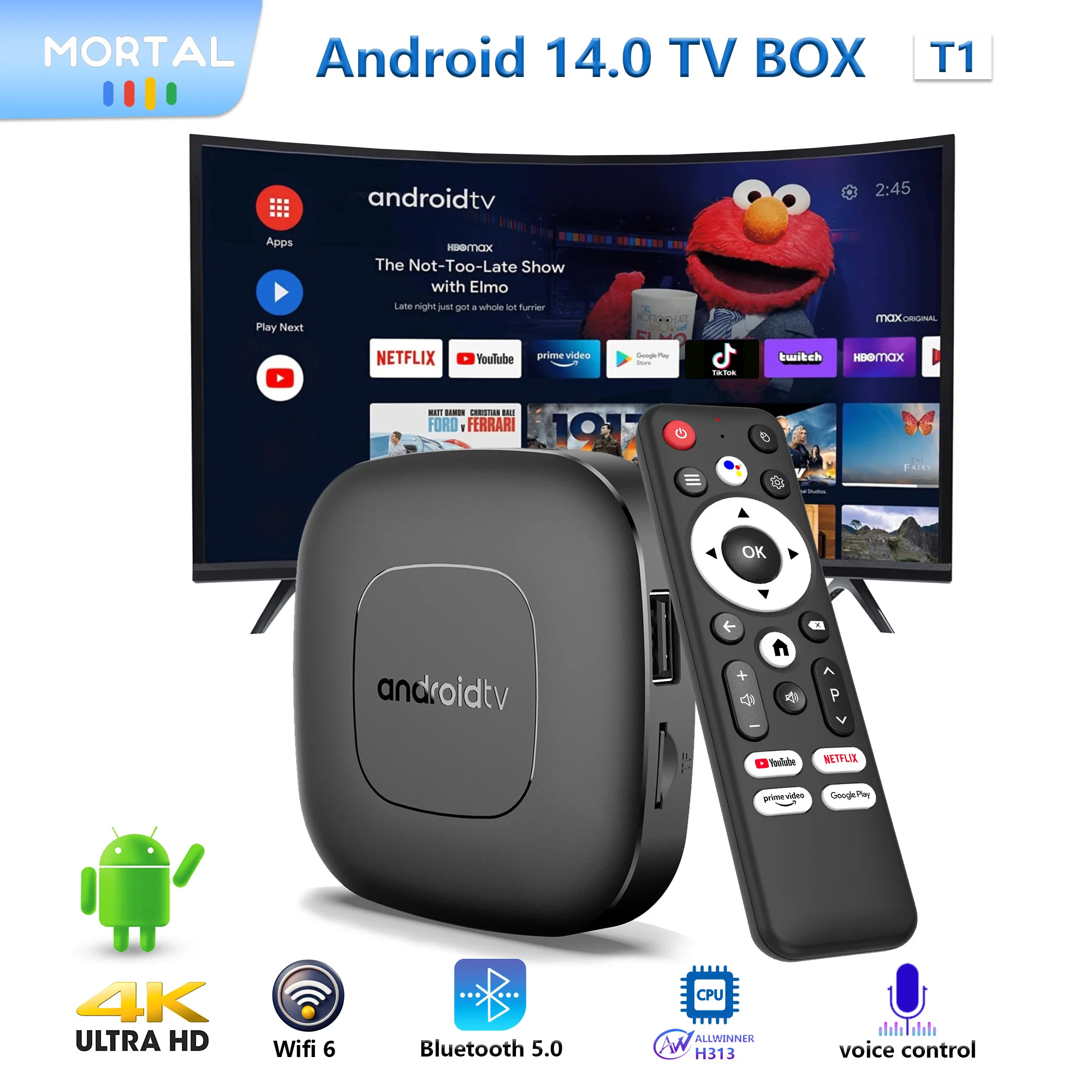 안드로이드 14 음성 제어 스마트 TV 박스 Mortal T1 WIFI6 홈 시어터 Allwinner H313 블루투스 4K HDR 넷플릭스 유튜브 빠른 스트리밍