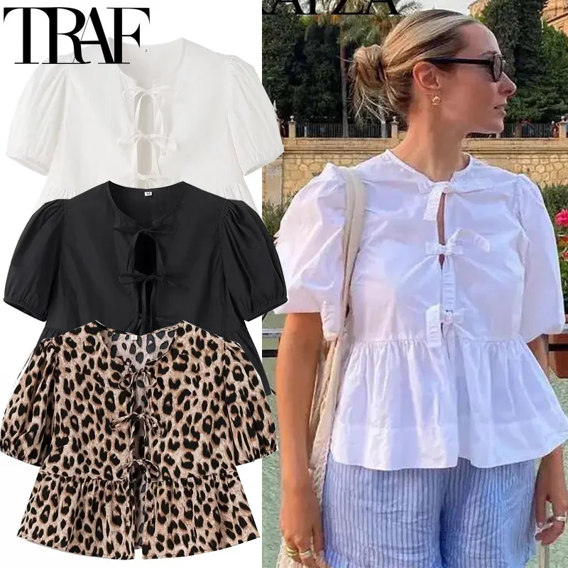 TRAF Woman 2024 블라우스 퍼프 슬리브 여성용 크롭 화이트 블라우스 Pleated Cut Out 블랙 블라우스와 묶인 레오파드 프린트 탑