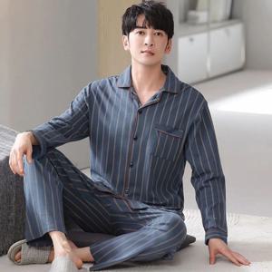 코튼 만화 코끼리 남성 잠옷 긴팔 카디건 잠옷 Loungewear 청년 및 중년 학생 캐주얼 홈웨어