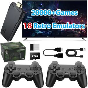 무선 레트로 게임 콘솔 스틱, 20,000개 이상의 클래식, 4K HDMI, 플러그 앤 플레이, 18개 에뮬레이터, 듀얼 2.4G 무선 컨트롤러(64GB).