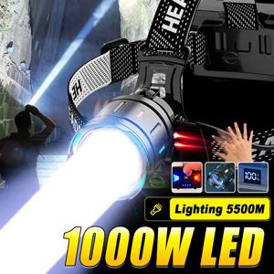 1000W LED 슈퍼 밝은 헤드 라이트 형광등 헤드 램프 줌 방수 헤드 램프 야외 캠핑 사냥 헤드 랜턴 18650