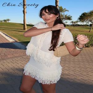 패션 속이 빈 술 니트 스커트 세트 여성 옷깃 하프 슬리브 싱글 브레스트 탑 미니 스커트 2025 Summer Lady Chic Outfit