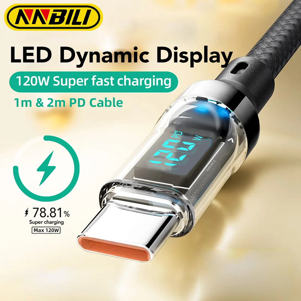 NNBILI 120W USB to Type C 케이블, HUAWEI, Oppo, Vivo, Samsung용 LED 디스플레이 USB C 데이터 케이블 포함 초고속 충전 케이블