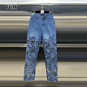 VGH 여성용 캐주얼 할로우 아웃 스플라이스 레이스 청바지, 하이웨이스트 패치워크 포켓, 미니멀리스트 루즈 와이드 레그 팬츠, 신제품