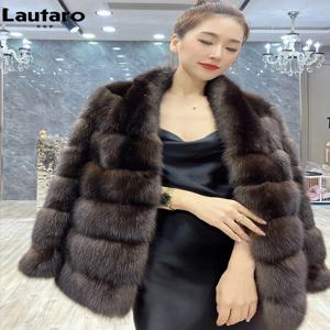 Lautaro 여성용 두껍고 따뜻한 줄무늬 인조 세이블 모피 코트, 우아한 럭셔리 시크, V넥 하이 퀄리티 푹신한 재킷, 가을 겨울
