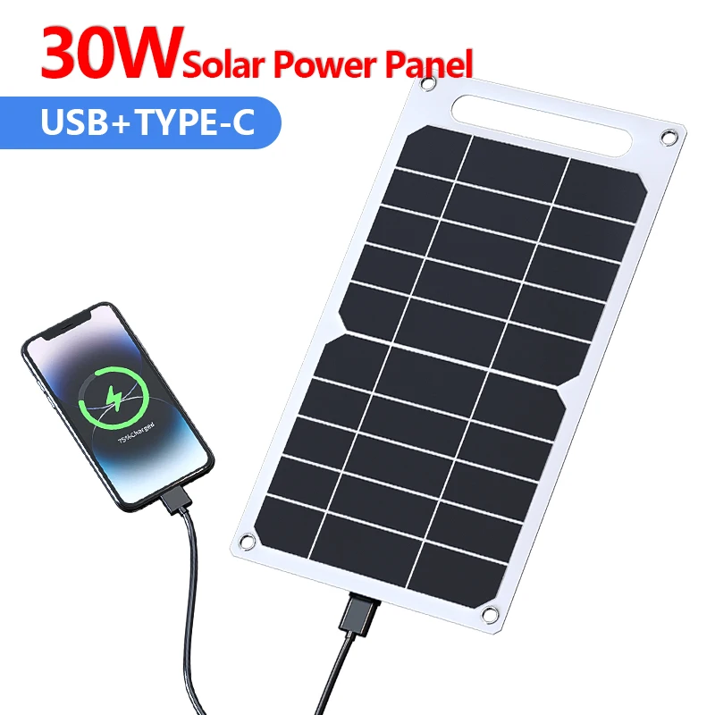 태양 전지 패널 30W USB C 타입 방수 야외 하이킹 캠핑 휴대용 배터리, 휴대폰 충전 뱅크 충전 패널 6.8V