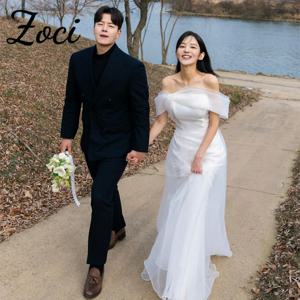 Zoci 우아한 오프숄더 칼집, 한국 웨딩 원피스 사진 촬영, 오간자 백리스 플로어 신부 가운, 맞춤형 신부 파티 원피스