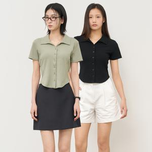 오픈 카라 리브드 하프 셔츠[3COL]/WBE2L03516