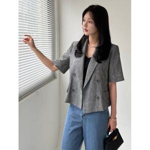 [모리스커밍홈]썸머 체크 더블 린넨자켓_M2506JK033B