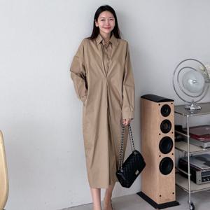 샵앤) 여성 셔츠 다트 주름 롱 원피스 ARA-WDR-3859-진베이지