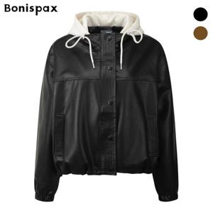 [보니스팍스(여성의류)]배색 후드 페이크 레더 점퍼 (XP2JP007M