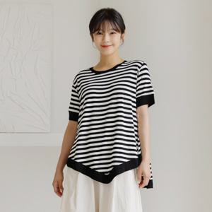 [바네사빈] 언발 단가라 배색 라운드 반팔 티셔츠 v01176
