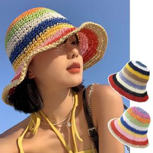 [비틀버드]레인보우 밀짚 버킷햇 ELM_193
