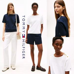 타미힐피거 TOMMY HILFIGER XW05471-DW5 여자 숄더 골드버튼 장식 반팔 티셔츠