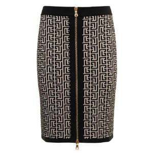 BALMAIN Balmain 여성용 모노그램 울 펜슬 스커트 with 지퍼 YF1LC006KB02GFE