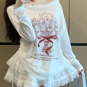 TEMU 여성용 화이트 오프숄더 긴팔 티셔츠, 세밀한 프린트 - 캐주얼, 루즈핏, 하이 스트레치 소재, 봄/여름 상의, 캐주얼 의상, 캐주얼 착용 | 오프숄더 탑 | 하이 스트레치 소재