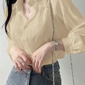 TEMU 여성용 가벼운 프랑스식 롱 슬리브 셔츠 - 세련된 버튼 업 블라우스, 라펠 칼라, 단색, 캐주얼 또는 사무실 착용을 위한 다용도 봄/여름 상의, 봄 패션, 질 좋은 소재