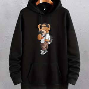 TEMU 남성용 멋진 베어 프린트 후드티, 캥거루 포켓이 있는 그래픽 까마귀, 편안하고 루즈한 트렌디한 드로스트링 후드 풀오버, 가을 겨울용 남성 의류