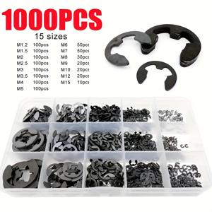 TEMU 1000개 전기픽 탄소강 워셔 정렬 키트, 크기 M1.2부터 M15까지, 블랙 외장 고정 링 E형 버클 클립, 샤프트 구성품용