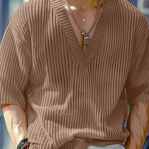 TEMU 그린 블루 디테일 스타 OBM 남성 캐주얼 니트 텍스처 솔리드 V넥 반팔 루즈핏 심플 데일리 아웃도어 올매치 얇은 티셔츠