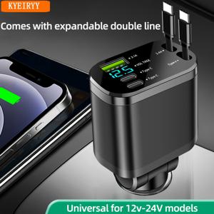 TEMU 12-24V 차량용 전압 디스플레이 기능이 있는 듀얼 익스텐션 라인 및 2개의 타입-C + 1 USB 포트가 장착된 멀티펑셔널 자동차 충전기