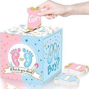 TEMU 51pcs, 성별 공개 투표 상자 50장 투표 카드 베이비 샤워 장식 파티 초대장 및 투표 게임 성별 공개 파티 용품(분홍색, 파란색) - 1pc 상자 및 50pcs 카드 포함