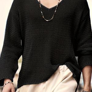 TEMU 남성용 캐주얼 V넥 긴팔 니트 스웨터 - 가벼운 오픈워크 디자인, 루즈핏 여름 상의, 단색 통기성 원단 레이어링, 레트로 감성