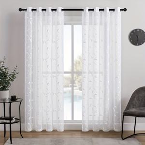 TEMU 2pcs 화이트 자수 잎 디자인 투명 커튼, 빈티지 스타일, 쉬운 드릴 없는 설치, 조명 필터링, 폴리에스터, 그롬메트 탑, 올 시즌 홈/사무실, 거실, 침실, 발코니 - 100-120gsm, 거실용 커튼
