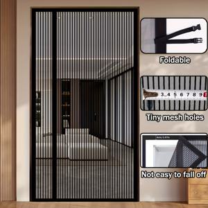 TEMU 1pc 블랙 메쉬 자석 문 커튼 - 드릴 없음 설치, 침실 및 거실 현대적인 홈 데코, 수직 줄무늬가 있는 모기 방지 스크린, 쉽게 설치, 우아한 거실 커튼, 침실 사생활, 디자인, 내구성 있는 직물