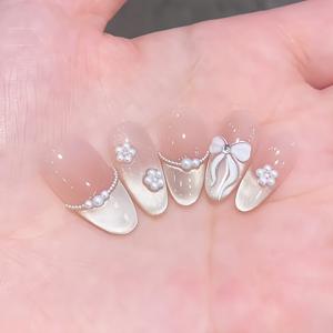 TEMU 10pcs 핸드메이드 프레스온 네일, 나비 디자인, 여름 크림 스타일, 프랑스 착용 가능한 네일 팁, 리본, 달콤하고 시원한 풀 커버 네일, 여성용, 광택, 짧은 알몬드 형태, 핑크 페어 톤, 글리터링 꽃 패턴, 프레스 온 네일