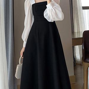 TEMU 여성 봄 롱 클래식 데일리 스퀘어넥 망사 긴팔 원피스 봄 여름 가을 데일리 캐주얼 폴리에스테르 롱 빅사이즈 블랙 원피스 우아하고 사랑스럽고 편안한 퍼프소매 원피스|빅사이즈