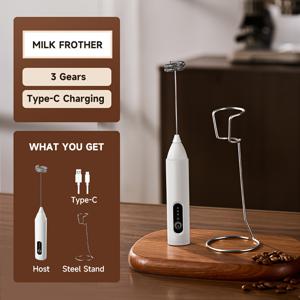 TEMU USB 충전식 휴대용 전기 우유 펌프 - 스탠드 포함, 커피, 라떼, 카푸치노, 마치, 핫 초콜릿, 단백질 쉐이크용 3단계 속도 조절 | 내구성 있는 플라스틱 바디, 18650 리튬 배터리 구동, 커피용 펌프