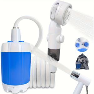 TEMU 업그레이드된 휴대용 캠핑 샤워 펌프, 지능형 디지털 디스플레이, USB 전원 지원, 다중 스프레이 모드 (강/약/펄스), 컴팩트하고 가벼운 디자인 - 캠핑, RV, 여행, 야외 활동에 이상적, 및 비상 샤워용, 휴대용 샤워 시스템, 슬림한 온수기, 내구성 있는 플라스틱 바디와 튼튼한 금속 호스