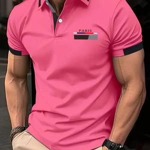 TEMU RED SPY 남성 여름 패션 셔츠 - 캐주얼 반팔, 파리 아이콘 프린트 버튼업, 100% 폴리에스테르, 180g/m², 세탁기 사용 가능, 화려한 핑크색과 블랙 & 레드 대비 칼라