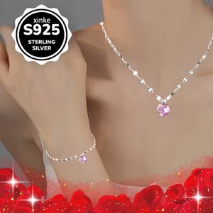 TEMU 2pcs 우아한 925 스테인리스 스틸 입 모양 목걸이 & 팔찌 세트, 핑크 큐빅 자이콘 패ンデ트 포함 - 데이, 어머니의 날, 모든 계절 선물, 모든 계절 보석, 입 모양 디자인, 내구성 있는 보석