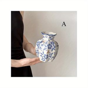 TEMU NJCHARMS 핸드페인팅 빈티지 블루 & 화이트 세라믹 꽃병 - 원형 모양의 플로랄 무늬, 건조/인공 꽃을 위한 내구성 있는 홈 데코, 거실, 침실, 발코니를 위한 센터피스 또는 테이블탑 장식