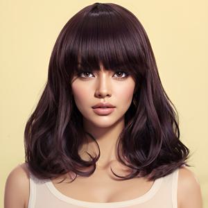 TEMU AIDESHAIR 시크한 짧은 웨이브 밥 가발 앞머리 포함 - 자연스러운 갈색 합성 머리카락, 열에 강함, 조절 가능한 캡, 부드럽고 통기성이 좋은 일상 스타일용 헤어 가발
