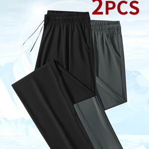TEMU 2pcs 남성 아이스 실키 루즈핏 레그 팬츠 - 빠른 건조, 신축성, 중간 높이, 포켓 포함, 여름 캐주얼 웨어, 야외 활동 및 캐주얼 액세서리에 완벽|냉장고바지