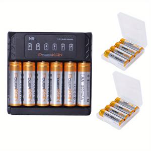 TEMU 키트(배터리+충전기), POWERKAN 1.2V Nimh 충전식 AA 배터리 + N6 충전기 재사용 가능, Aax4pcs/세트 플라스틱 상자와 1 X 5V 2A USB LED AA AAA 배터리 6 슬롯 충전기 포함