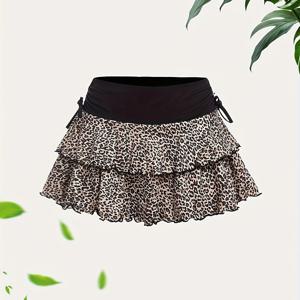 TEMU 여성용 프린트 스커트, 캐주얼 니트 폴리에스테르, 탄력 있는 스프링/여름 패션, 95% 폴리에스테르 5% 엘라스탄, 가벼운 210g/m², 드로스트링 디테일 포함