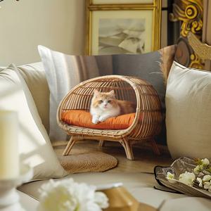 TEMU 1개 아늑한 고양이와 위커 바스켓 디자인 쿠션 커버, 18x18인치 - 부드러운 짧은 플러시, 지퍼, 세탁기 사용 가능 - 소파, 침대, 차량, 현관 장식에 이상적 (쿠션 삽입물 미포함), 소파 던지기 커버|아늑한 홈 액센트|플러시 폴리에스터 커버, 소파용 쿠션