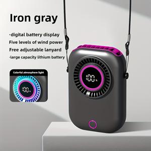 TEMU 5단계 USB 충전형 목 팬, LED 환경 조명 - 여름 캠핑 및 가정용으로 조용하고 휴대성이 뛰어난 야외 냉각 솔루션, 캠핑 필수품 | 현대적인 미적 감각 | USB 충전식 배터리, 휴대용 팬|캠핑선풍기