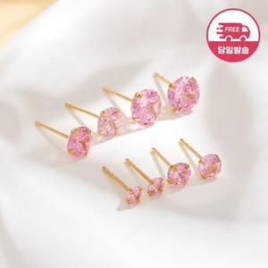 [비앤비골드] 당일발송 14K 심플 핑크 큐빅 침 귀걸이 한쌍 JAE40507