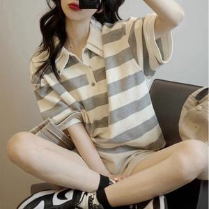 124 여성 줄무늬 스트라이프 더블 카라 반팔 티셔츠