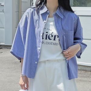 스트라이프 세미 크롭 반팔 셔츠 루즈핏 카라넥 여성 빅사이즈
