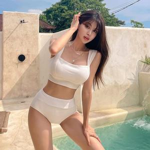 스퀘어 하이웨스트 비키니 SW19961F 체형커버 수영복 화이트 블랙 심플 브라탑 비치웨