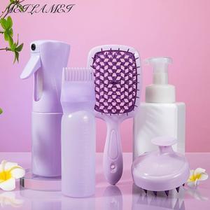 4pcs 세트 두피 마사지 빗 보라색 속이 빈 샴푸 브러시 목욕 헤어 스프레이 병 살롱 미용 도구
