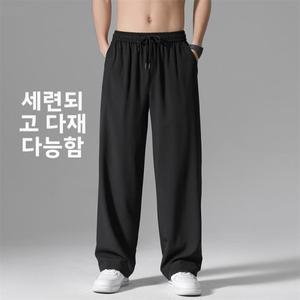 남성 캐주얼 아이스 실크 스포츠 팬츠 얇은 여름 속건 스트레이트 레그 루즈핏 밴딩 롱 트라우저 (청소년용