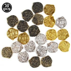 30/60/90/120pcs 해적 골드 실버 청동 플라스틱 Doubloon 대량 어린이 가짜 놀이 코스프레 파티 보물 상자